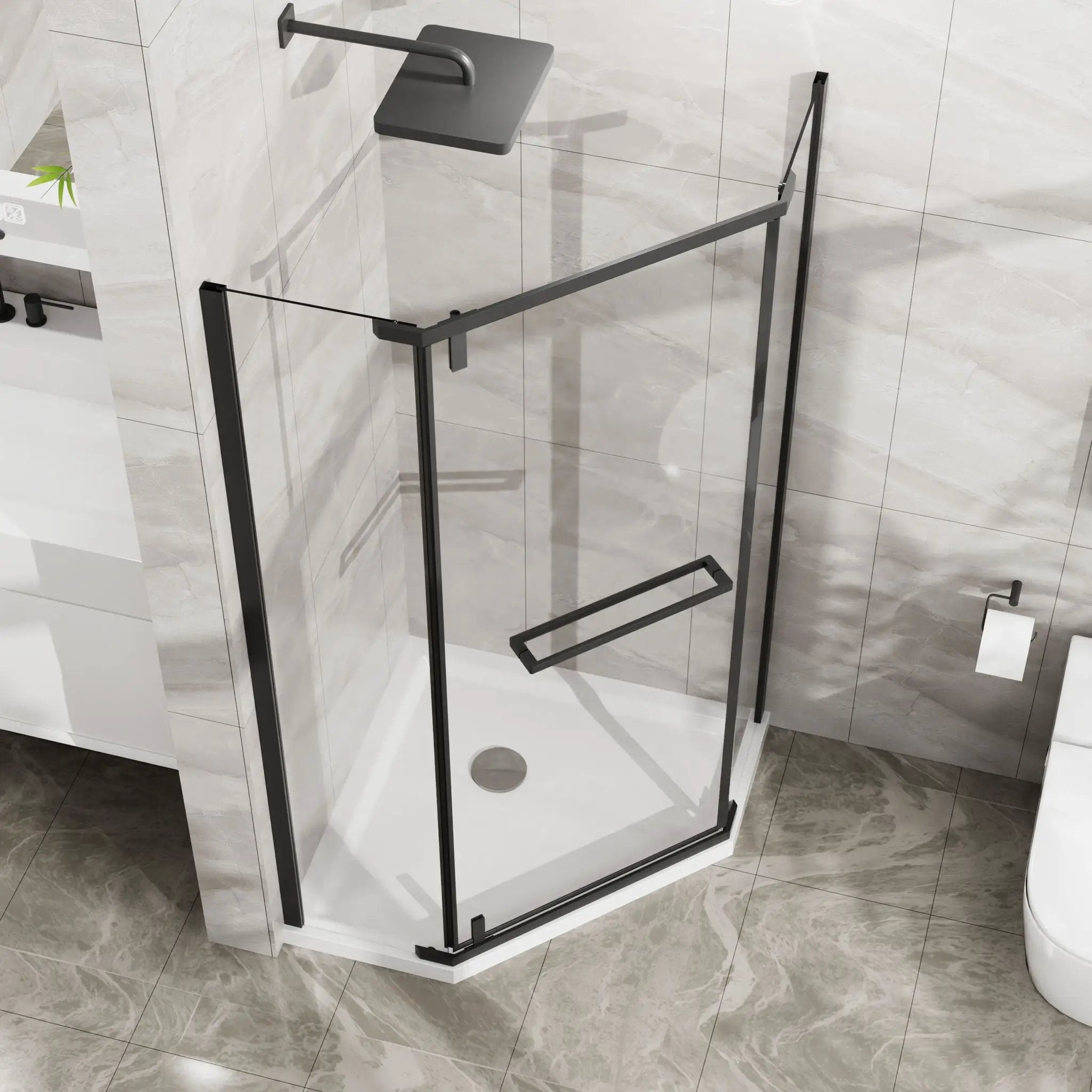 Neo Angle - Frameless Shower Door With White Acrylic Shower Base Combo - Matte Black by HouseOfZazla