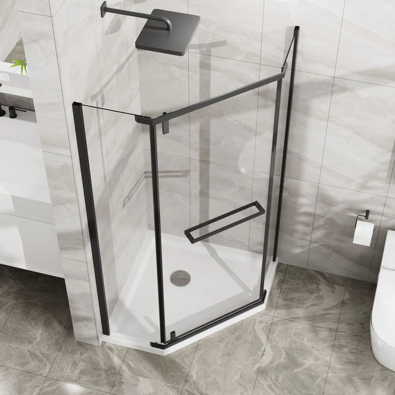 Neo Angle - Frameless Shower Door With White Acrylic Shower Base Combo - Matte Black by HouseOfZazla