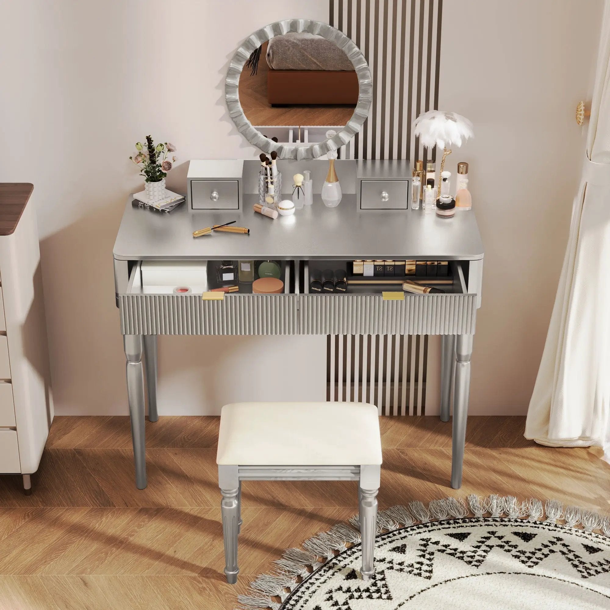 Luxury Vanity Desk With Round Mirror Height Adjustable Dressing Table Set Engineered Wood - Silver by Unique Piece Furniture