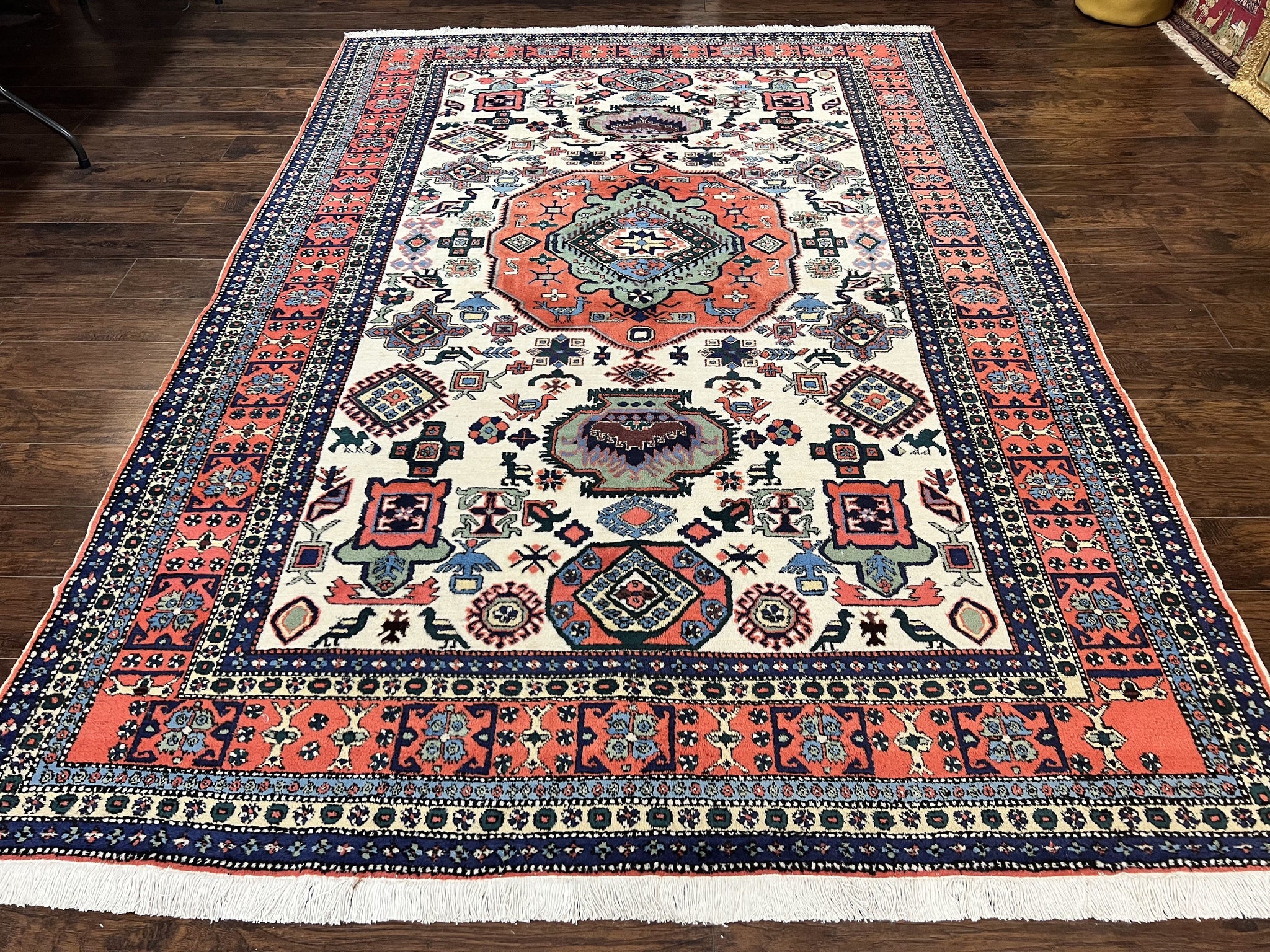 Persian Tribal Rug 8x11, Persian Ardabil Rug, Geometric Medallion Animal Pictorial Rug, Ivory Red Blue, Hand Knotted Vintage Wool Carpet by Jewel Rugs