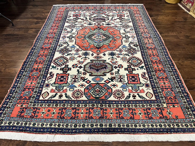 Persian Tribal Rug 8x11, Persian Ardabil Rug, Geometric Medallion Animal Pictorial Rug, Ivory Red Blue, Hand Knotted Vintage Wool Carpet by Jewel Rugs