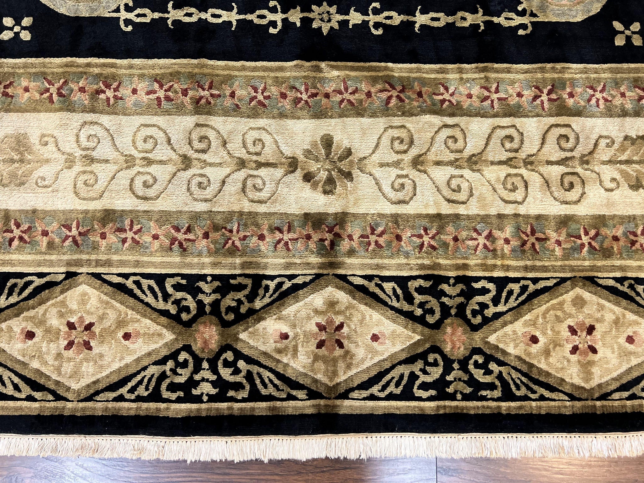 Tibetan Rug 8x10, Nepali Area Rug, Soft New Zealand Wool Carpet 8 x 10 ft, Black Tan Beige, Vintage Handmade Rug, French Aubusson Pattern by Jewel Rugs