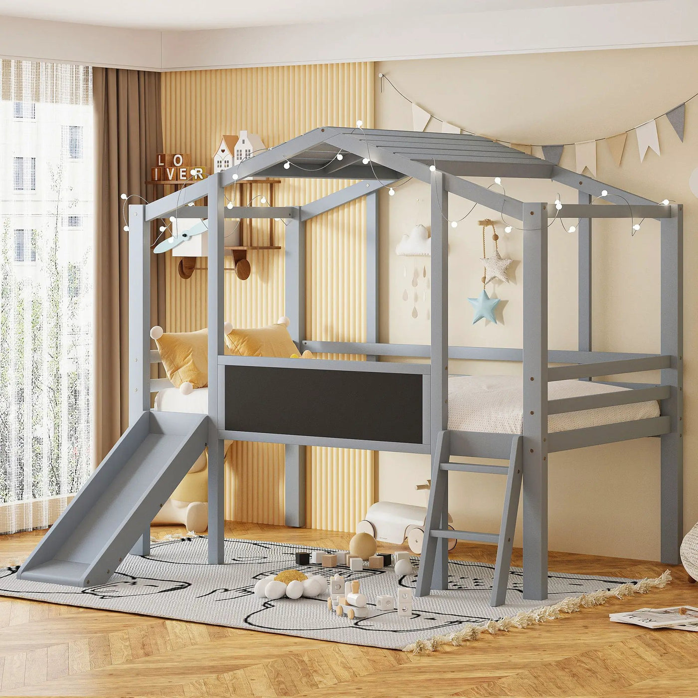 Loft House Bed With Ladder And Slide, With board And Light Strip On The Roof by Unique Piece Furniture