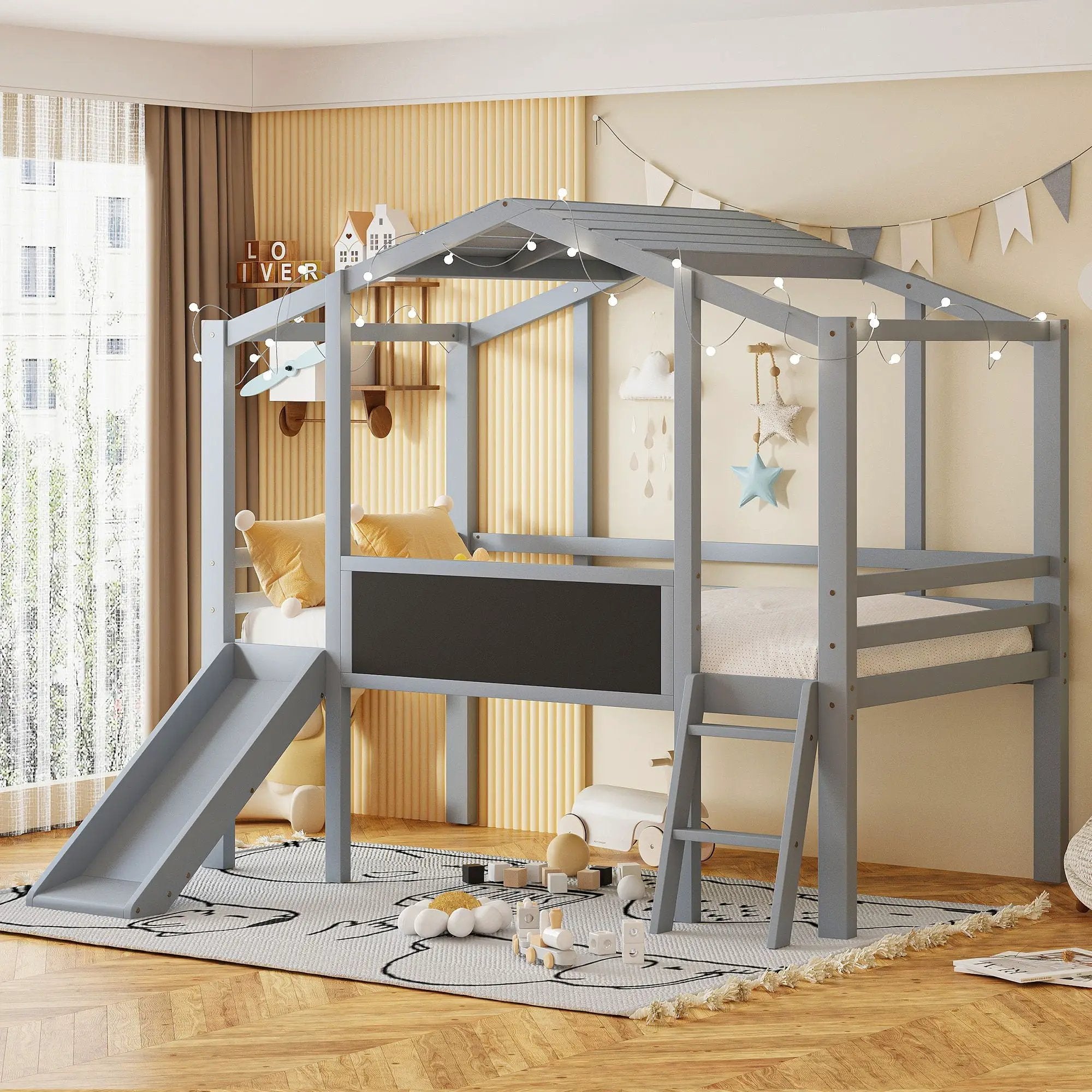 Loft House Bed With Ladder And Slide, With board And Light Strip On The Roof by Unique Piece Furniture