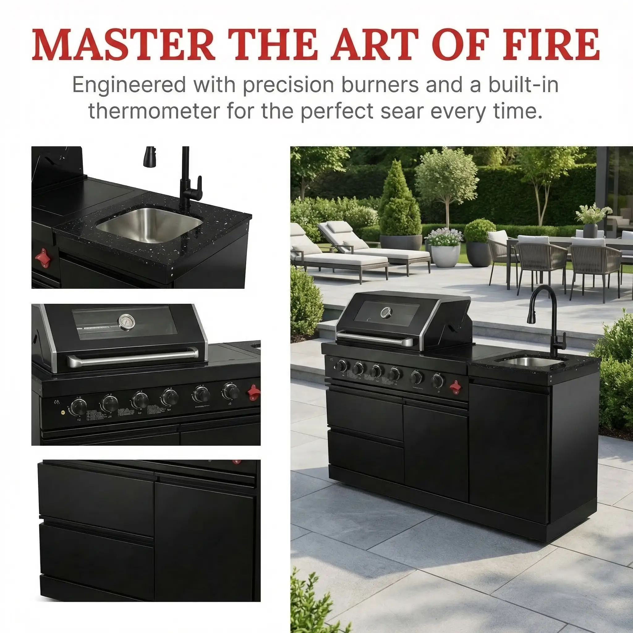 65" 4-Burner 72,000 BTU Black Outdoor Kitchen Island Grill + Round Side Burner by Chery Industrial