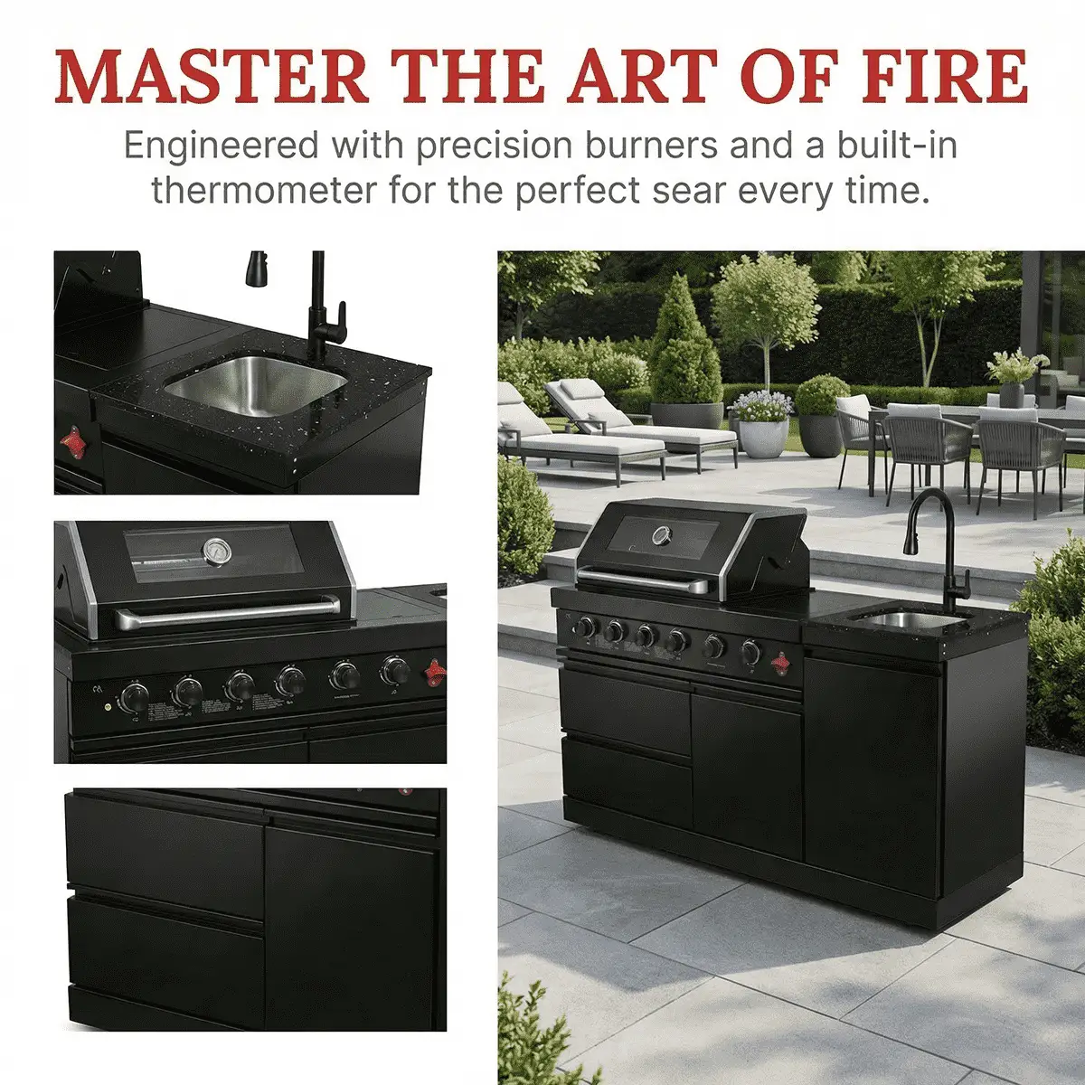 65" 4-Burner 72,000 BTU Black Outdoor Kitchen Island Grill + Round Side Burner by Chery Industrial