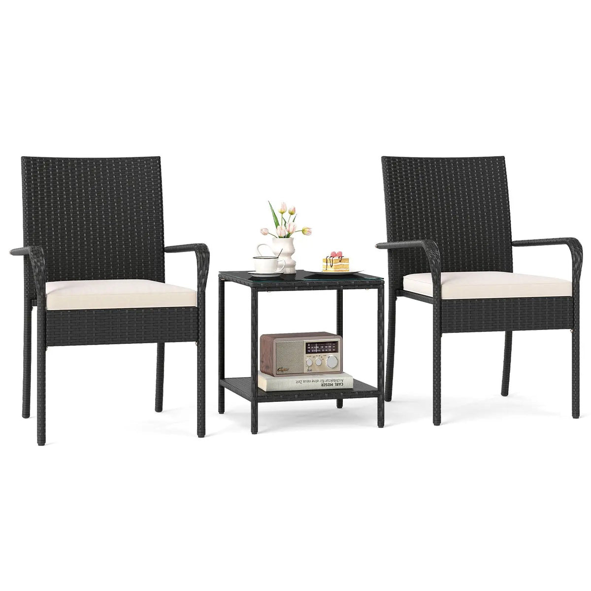 3 Piece Patio Furniture Set with Seat Cushions and Tempered Glass Tabletop, photo 10 of 24