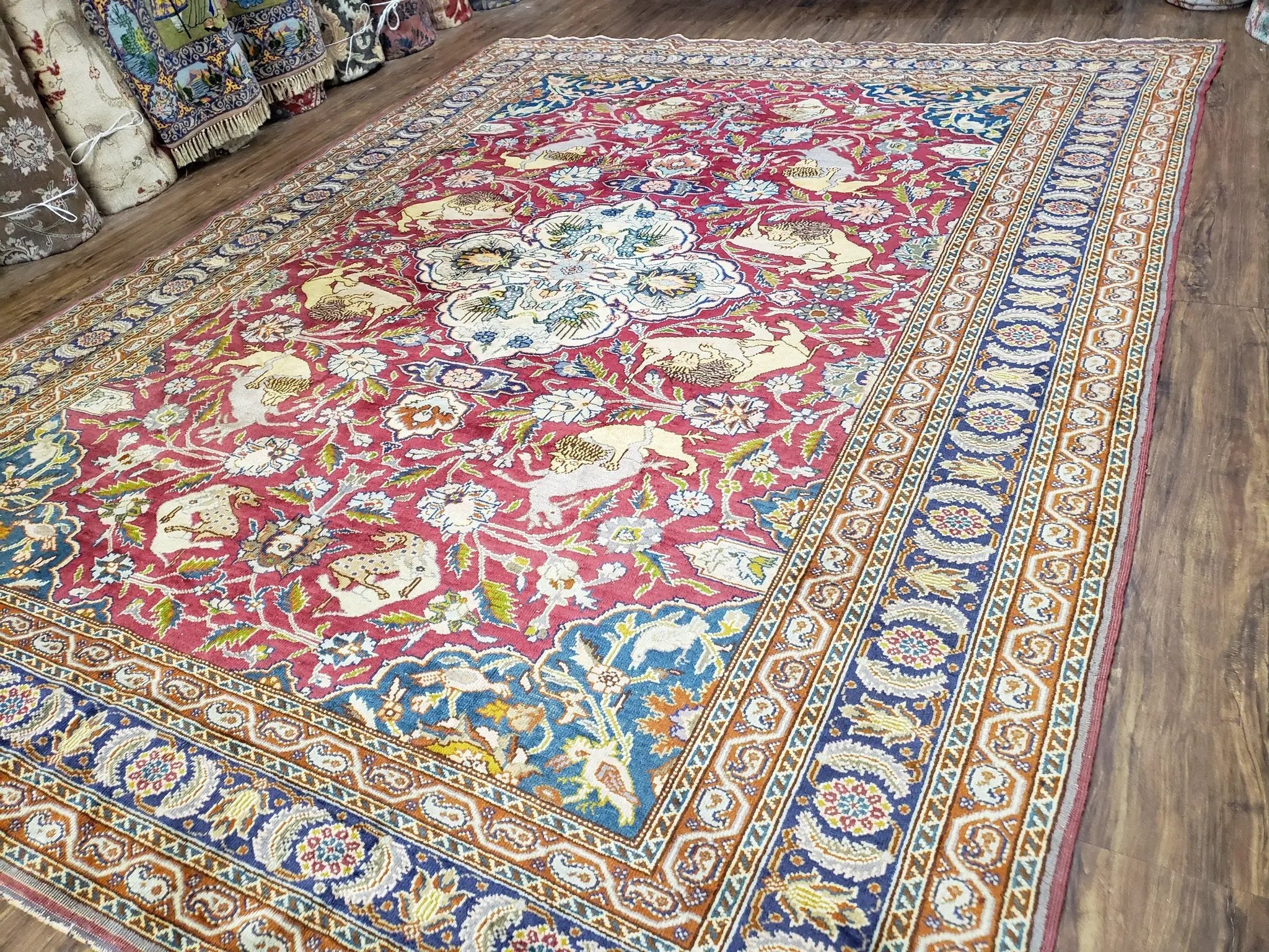 Antique Turkish Sivas Area Rug 8x11, Hand-Knotted, Vintage Red Wool Carpet, Gazelles Lions, Boteh Border, 8' x 11' Top Quality Oriental Rug by Jewel Rugs