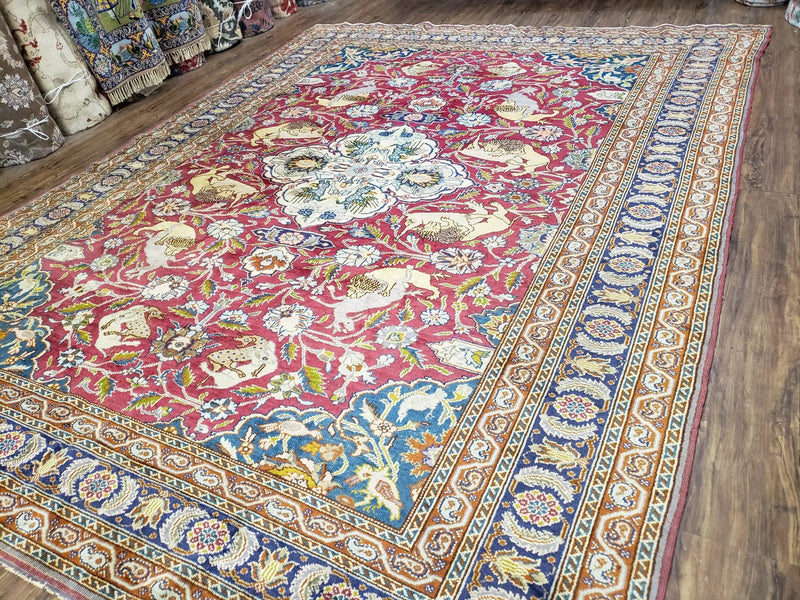 Antique Turkish Sivas Area Rug 8x11, Hand-Knotted, Vintage Red Wool Carpet, Gazelles Lions, Boteh Border, 8' x 11' Top Quality Oriental Rug by Jewel Rugs