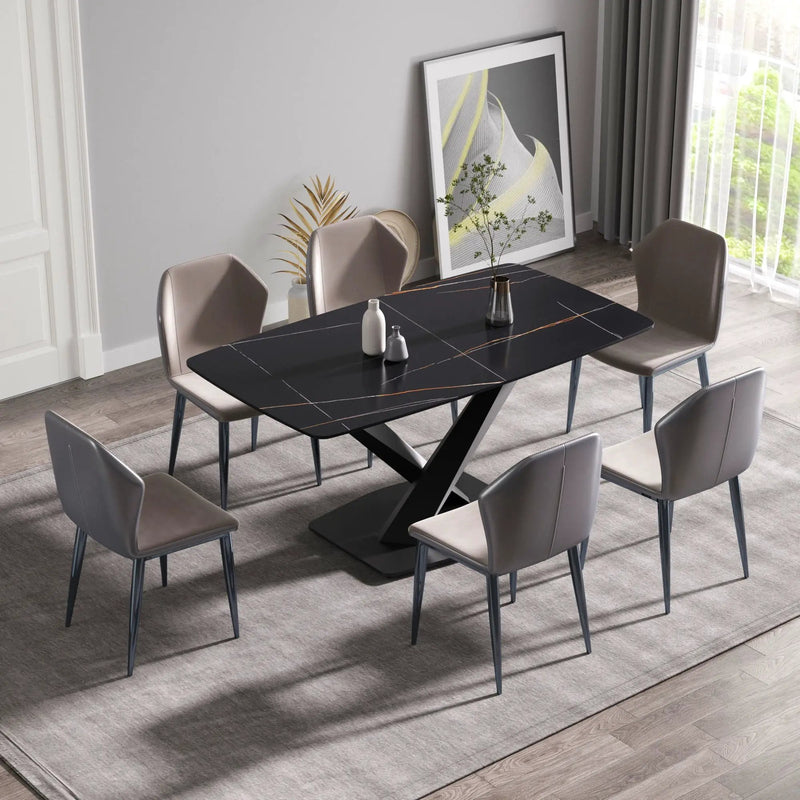 63" Artificial Stone Black Curved Black Metal Leg Dining Table - Black by HouseOfZazla