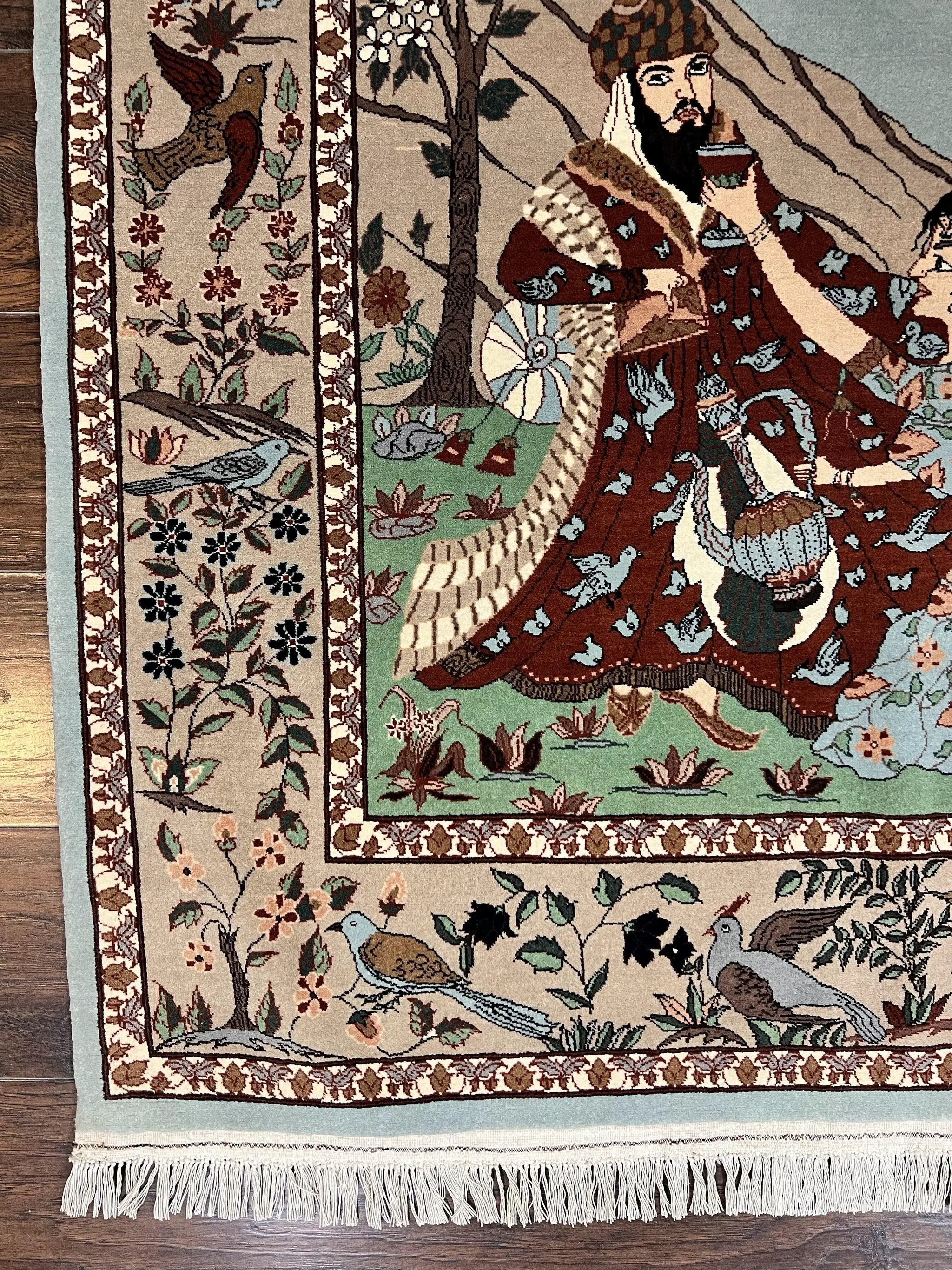 Indo Persian Pictorial Rug 4x7, Handmade Hand Knotted Wool Semi Antique Horizontal Carpet, Men & Women Drinking, Fine Rug, Bird Pictorials by Jewel Rugs