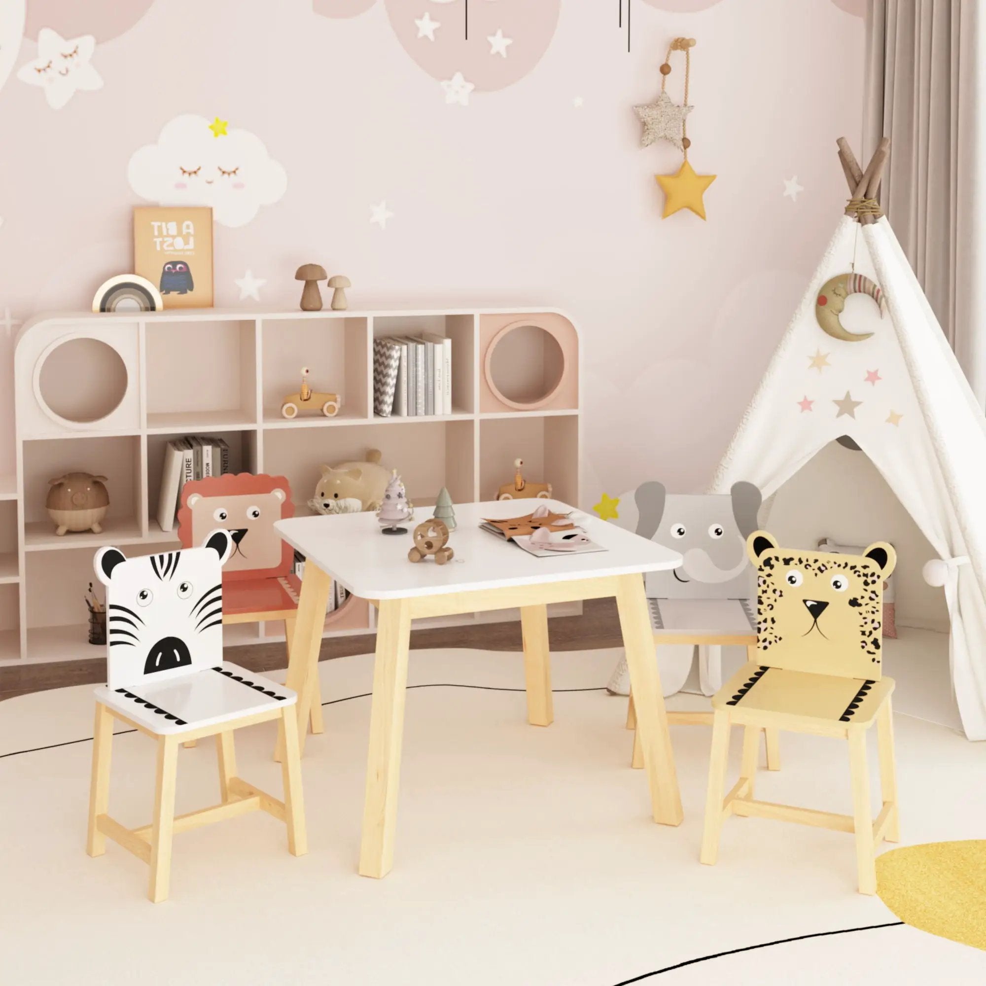 Kids Table And Chair Set With Cartoon Animals Design - White by HouseOfZazla