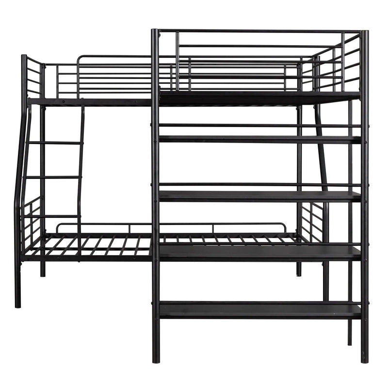 L-Shaped Twin Over Full Bunk Bed And Twin Loft Bed With 4 Built In Shelves - Black by HouseOfZazla