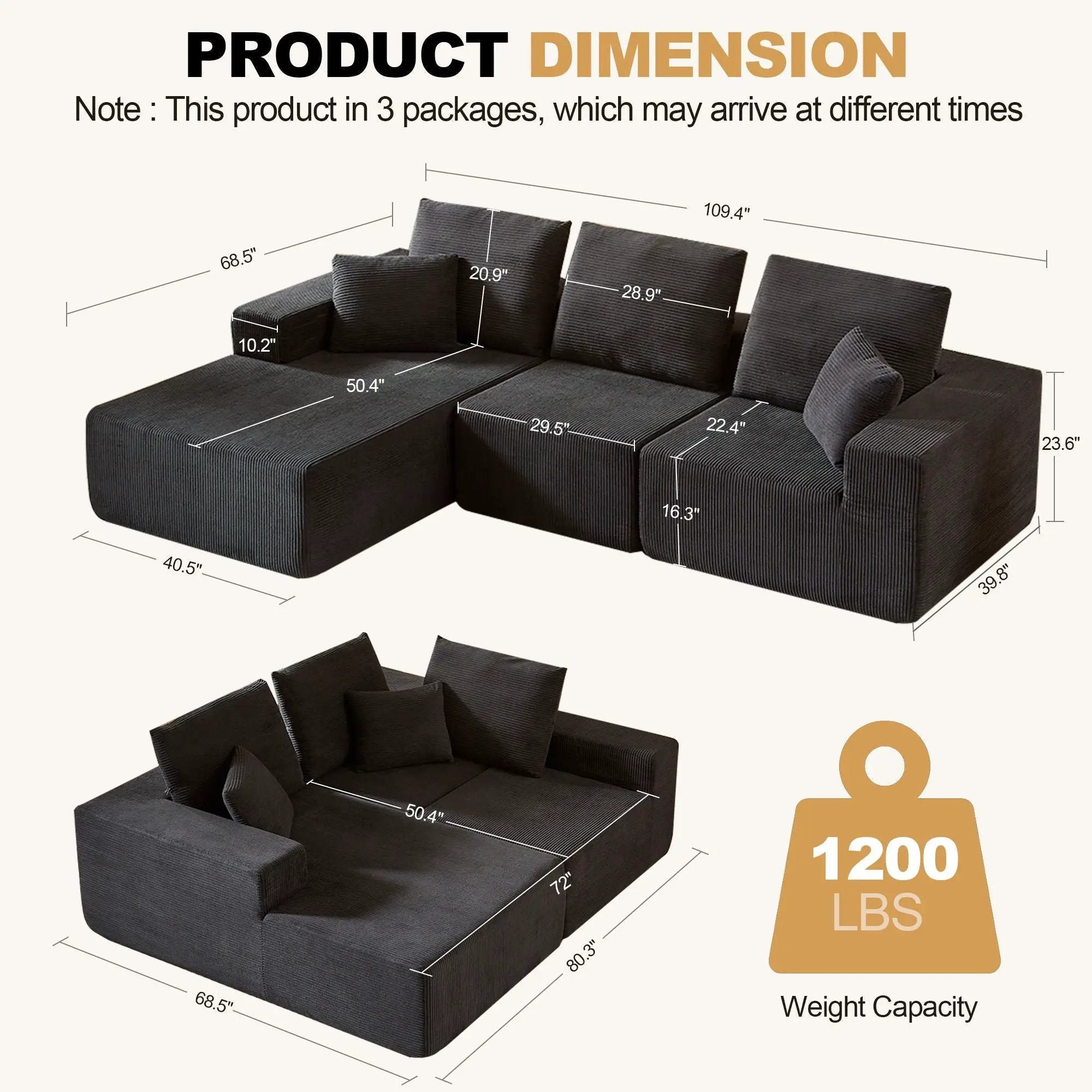 Modular Sectional Sofa With Chaise, L Shaped Cloud Couch With Deep Seat, Sectional Couches For Living Room - Black by HouseOfZazla