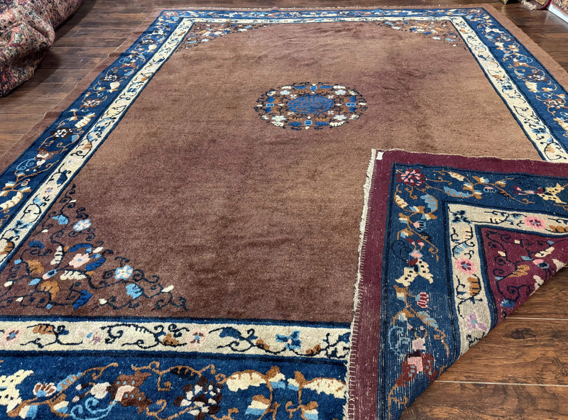 Antique Chinese Wool Rug 9x11, Large Chinese Art Deco Rug, Peking Rug, Brown and Blue, Open Field, Fete Rug by Jewel Rugs