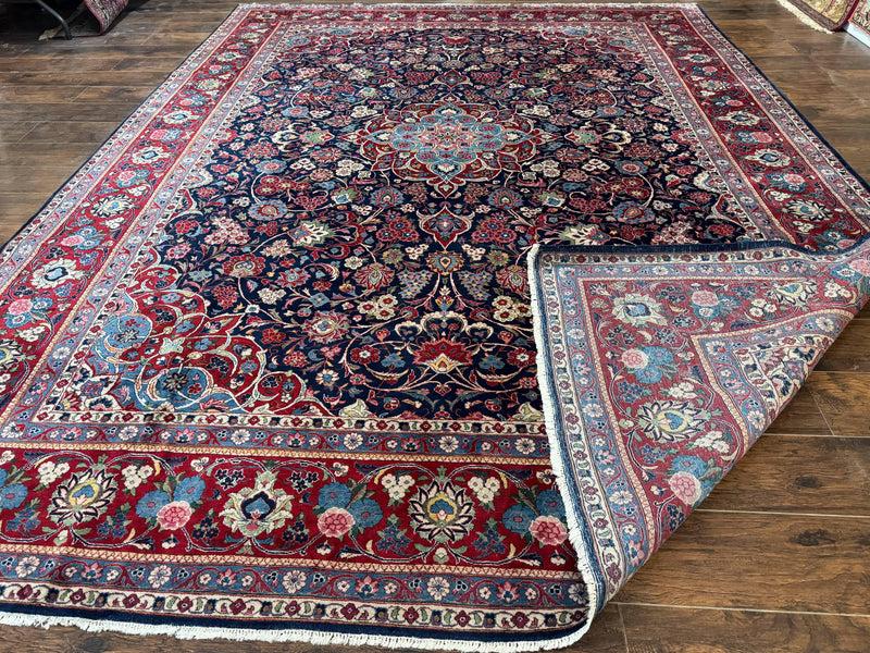 Navy Blue Persian Rug 9x12, Antique Persian Carpet, Kork Wool, 200 KPSI, Persian Kashan Rug by Jewel Rugs