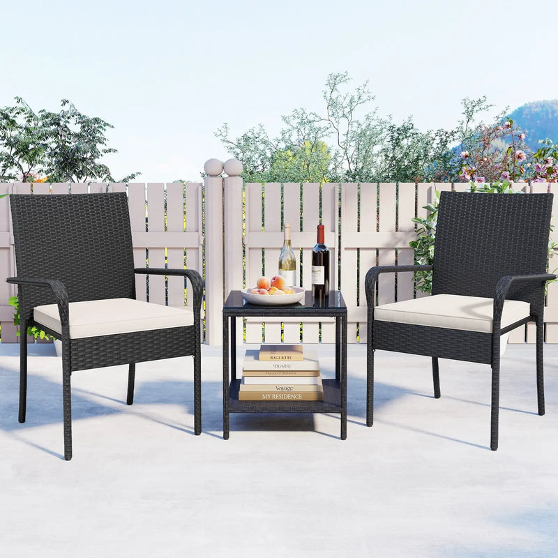 3 Piece Patio Furniture Set with Seat Cushions and Tempered Glass Tabletop by DirectDeals