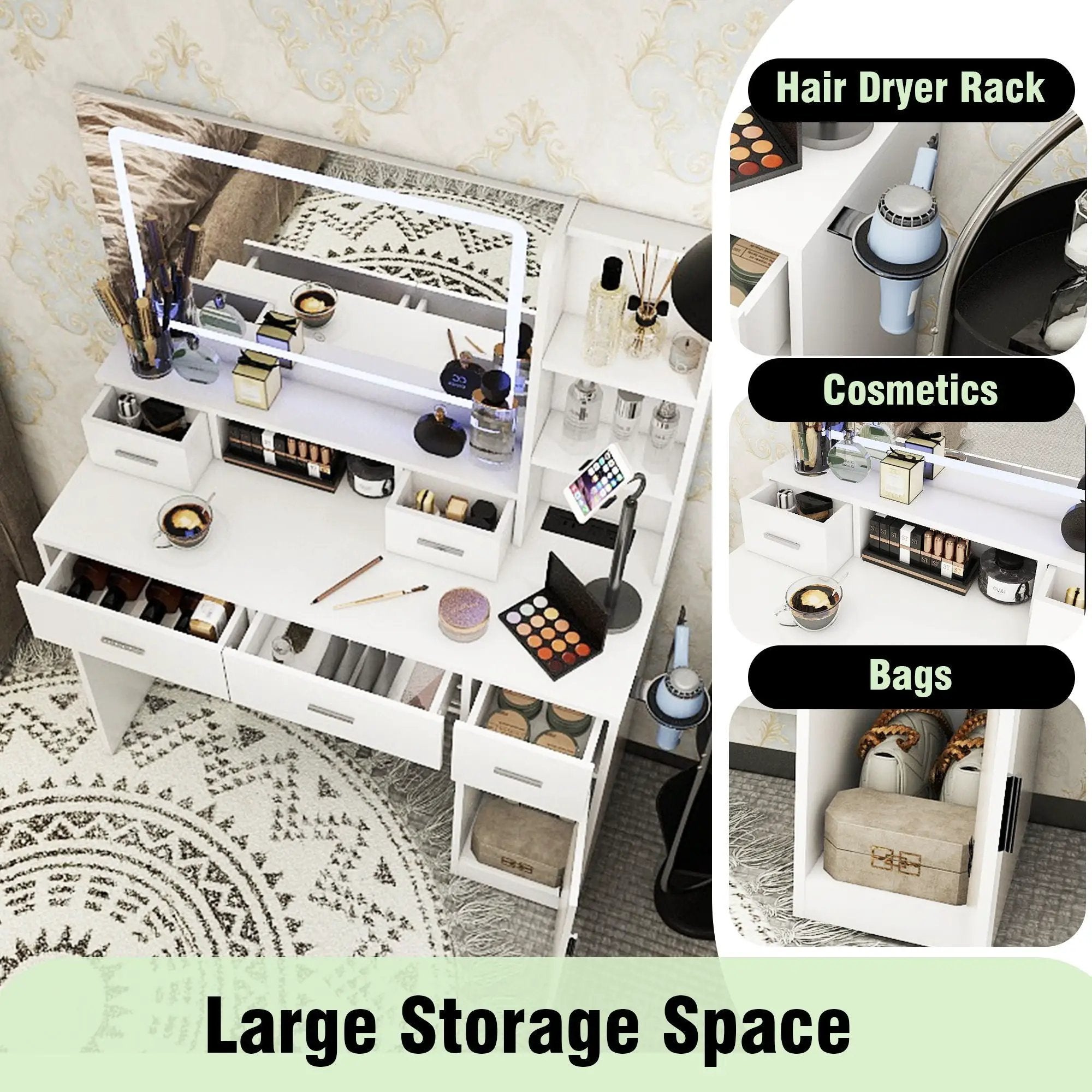 40.95" Newly Designed Smart Mirror Dressing Table With Drawers And Storage Cabinet, Dressing Table With Dressing Pad For Bedroom, Dressing Room by HouseOfZazla