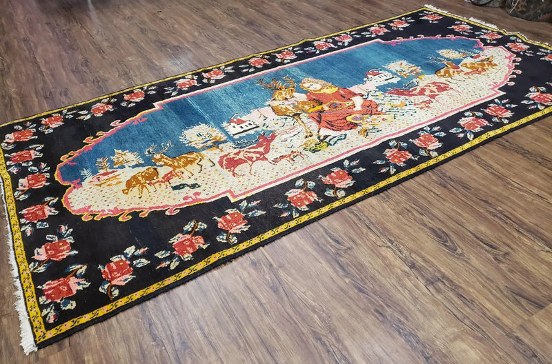 Antique Persian Pictorial Rug 4'6" x 9', Wool Hand-Knotted Blue Roses Karabagh Caucasian Carpet, 1920s Girl Deer Tapestry Wall Hanging Rug by Jewel Rugs
