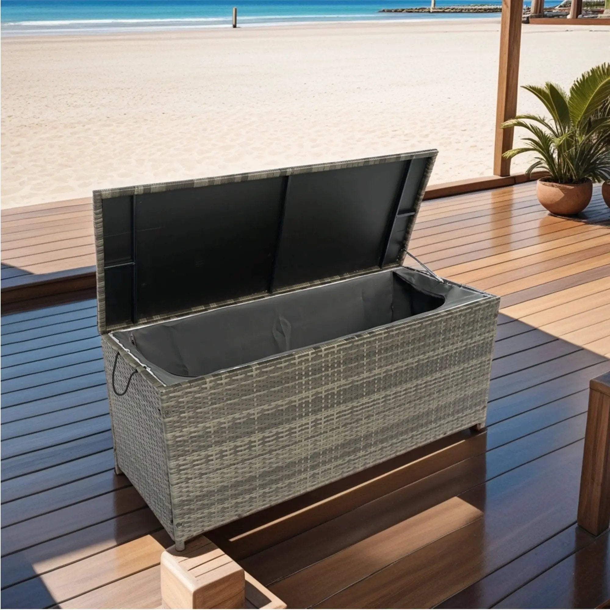 Outdoor Storage Box, Wicker Patio Deck Boxes With Lid, Outdoor Cushion Storage For Kids Toys, Pillows, Towel, Wicker by HouseOfZazla