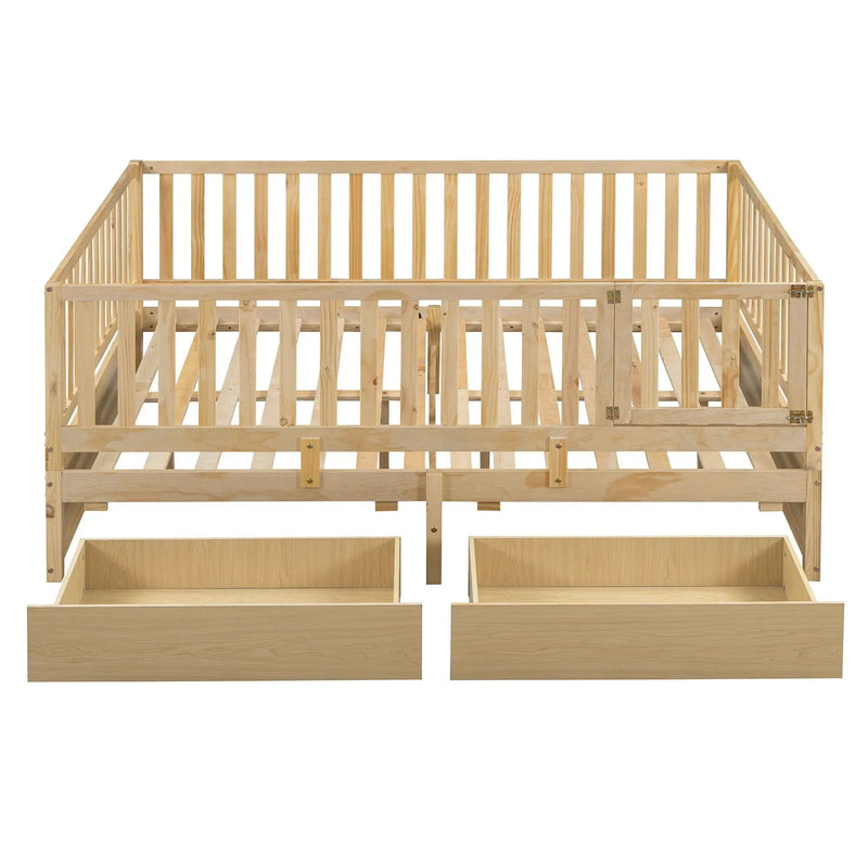 Daybed With Fence Guardrails And 2 Drawers, Split Into Independent Floor Bed & Daybed by HouseOfZazla