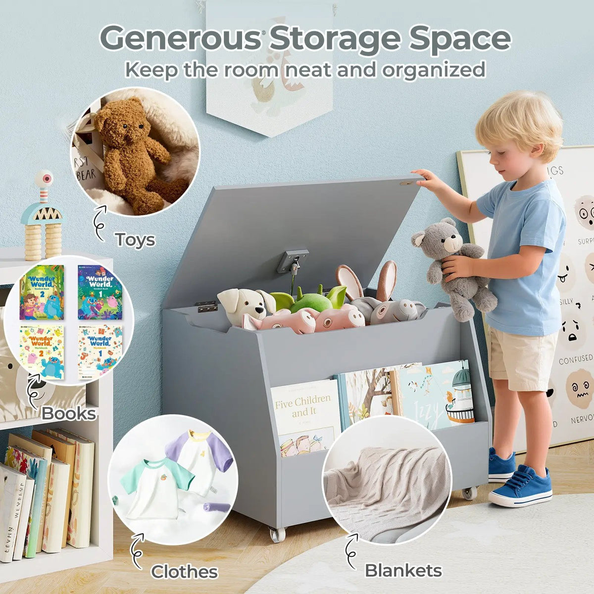 Wooden Mobile Toy Storage Organizer with Bookshelf and Lockable Wheels, photo 12 of 16