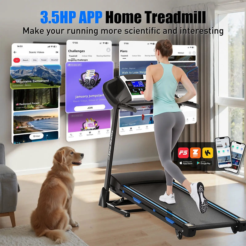Treadmills For Home, Electric Treadmill With Automatic Incline, Foldable 3.5Hp Workout Running Machine Walking, Double Running Board Shock Absorption Pulse Sensor Bluetooth Speaker App Fitshow - Black by HouseOfZazla