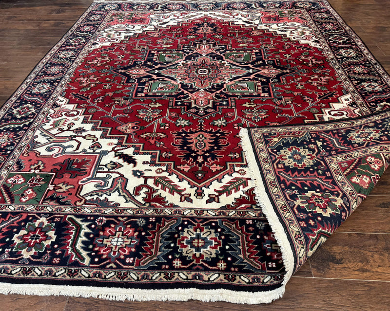 Indo Persian Heriz Rug 8x10, Geometric Medallion, Brick Red Ivory Navy Blue, Room Sized Heriz Carpet, Wool Rug by Jewel Rugs