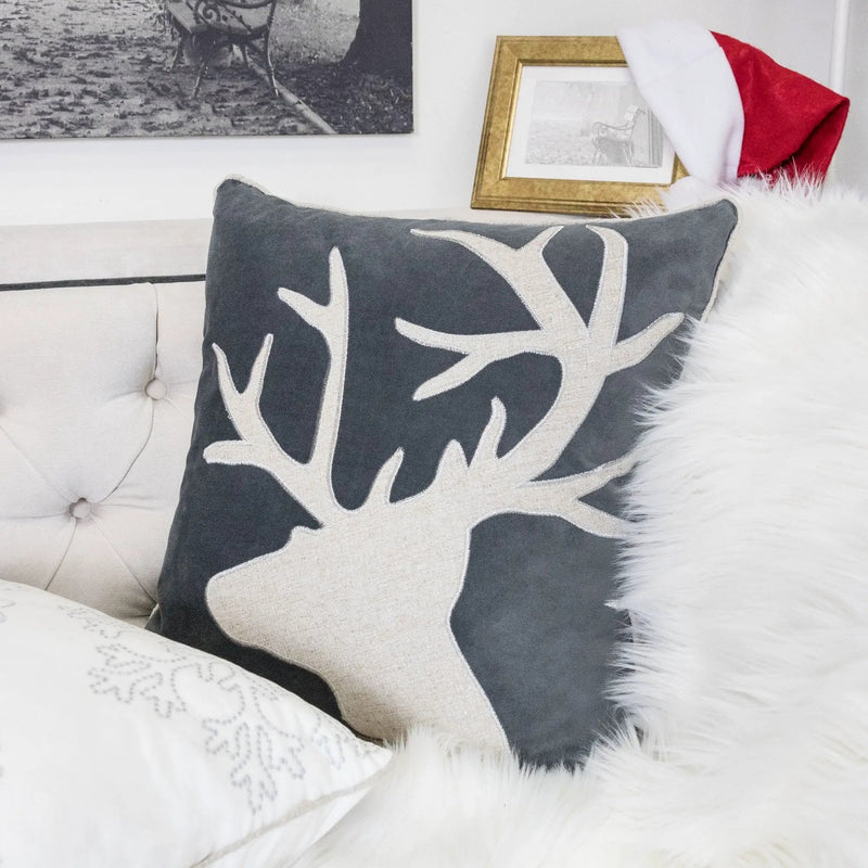 Holiday Reindeer Velvet Accent Pillow 20x20 – Gray and White by HouseOfZazla