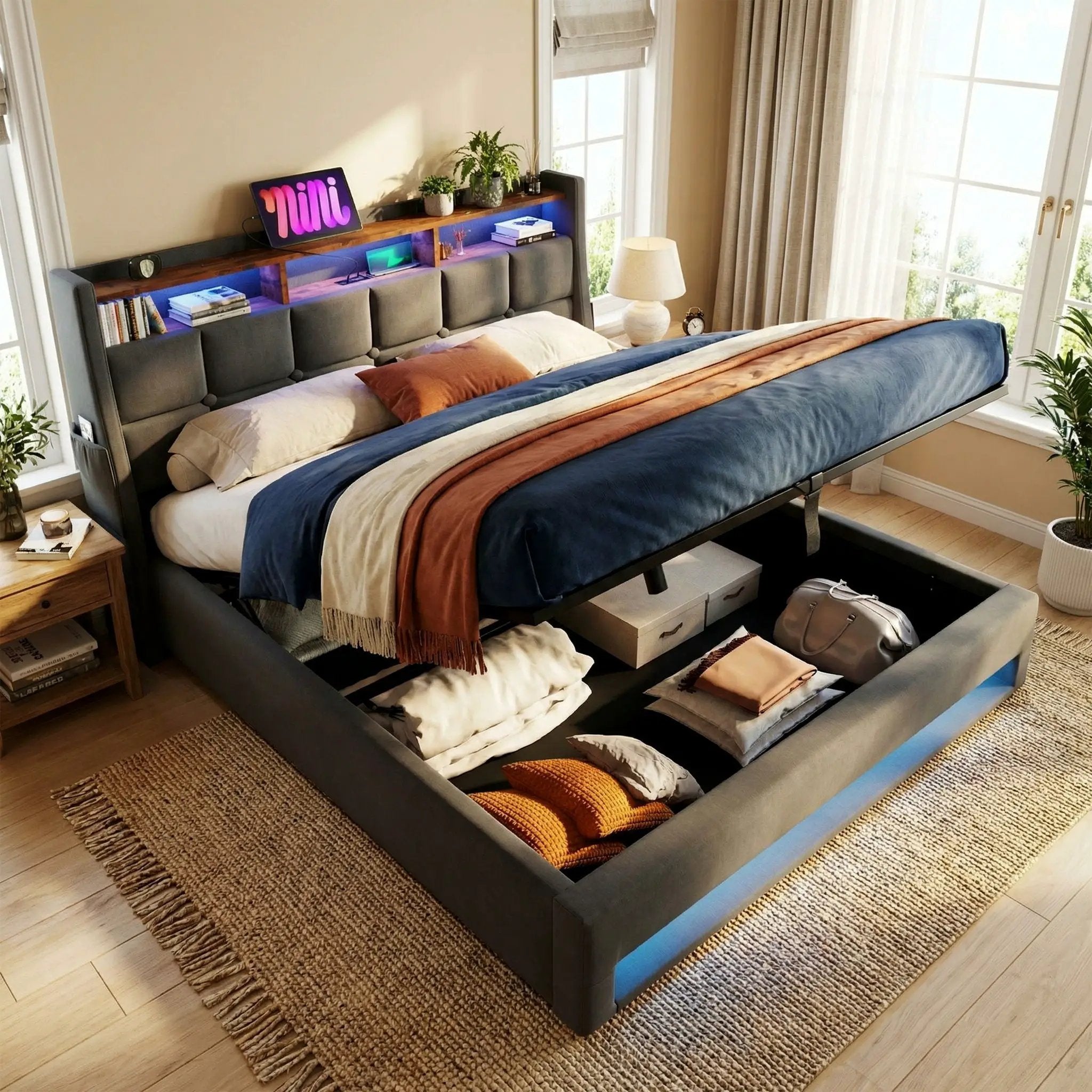 Upholstered Platform Bed With A Hydraulic Storage System, LED And USB Charging (Without Mattress) by HouseOfZazla
