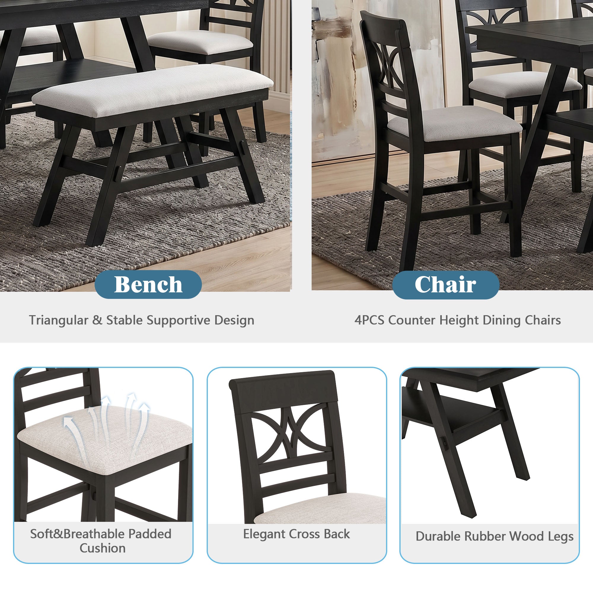 TOPMAX 6-Piece Wood Counter Height Dining Table Set with Storage Shelf by HouseOfZazla