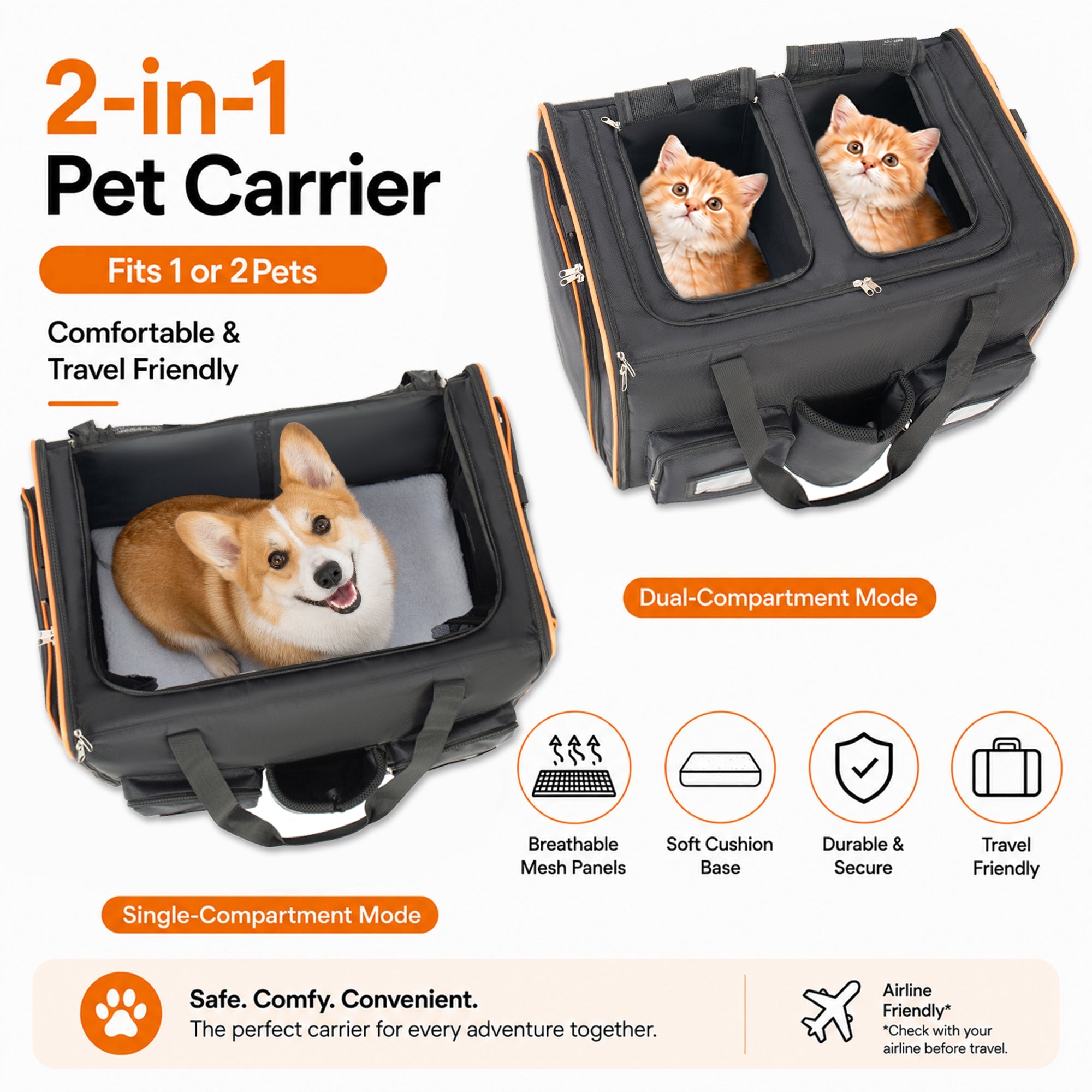 2 in 1 Large Cat Carrier for 2 Cats with Rolling Wheels and Expandable Design by HouseOfZazla