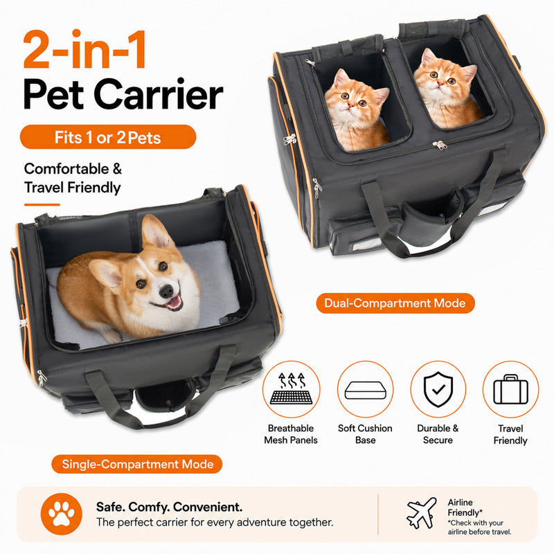 2 in 1 Large Cat Carrier for 2 Cats with Rolling Wheels and Expandable Design by HouseOfZazla