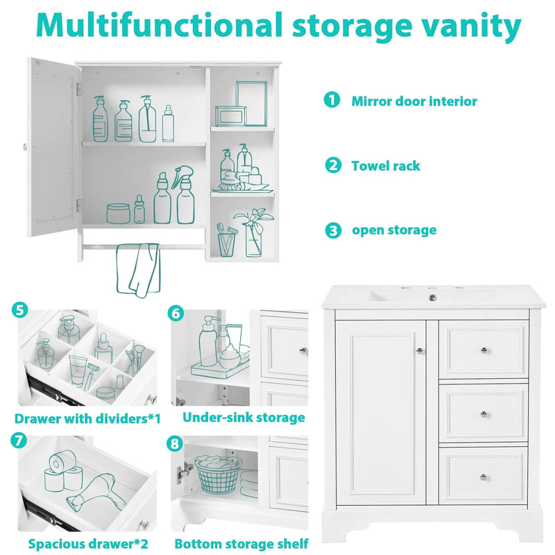 Bathroom Vanity With Sink, Modern Elegant Bathroom Storage Cabinet With 3 Drawers And Adjustable Shelves, Freestanding Vanity Set With Mirror Cabinet, Single Sink Bathroom Vanity by HouseOfZazla