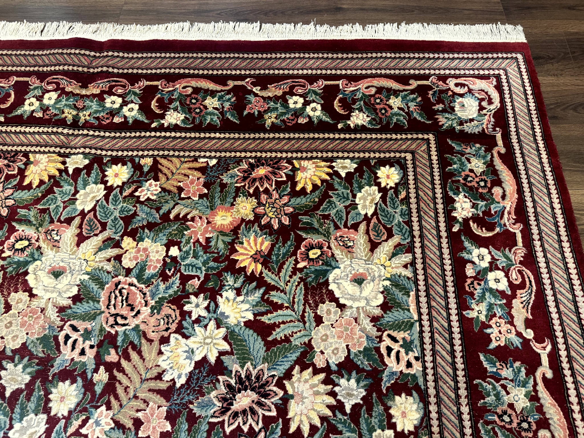 Pakistani Rug 9x12 William Morris Maroon Vintage Floral Wool by Jewel Rugs