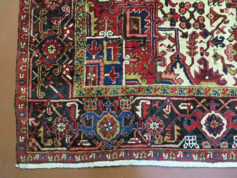 Wonderful Persian Heriz Rug 8.6 x 11, Geometric Heriz Carpet, Semi Antique Decorative Area Rug, Red Ivory Dark Blue Handmade Wool Room Sized by Jewel Rugs