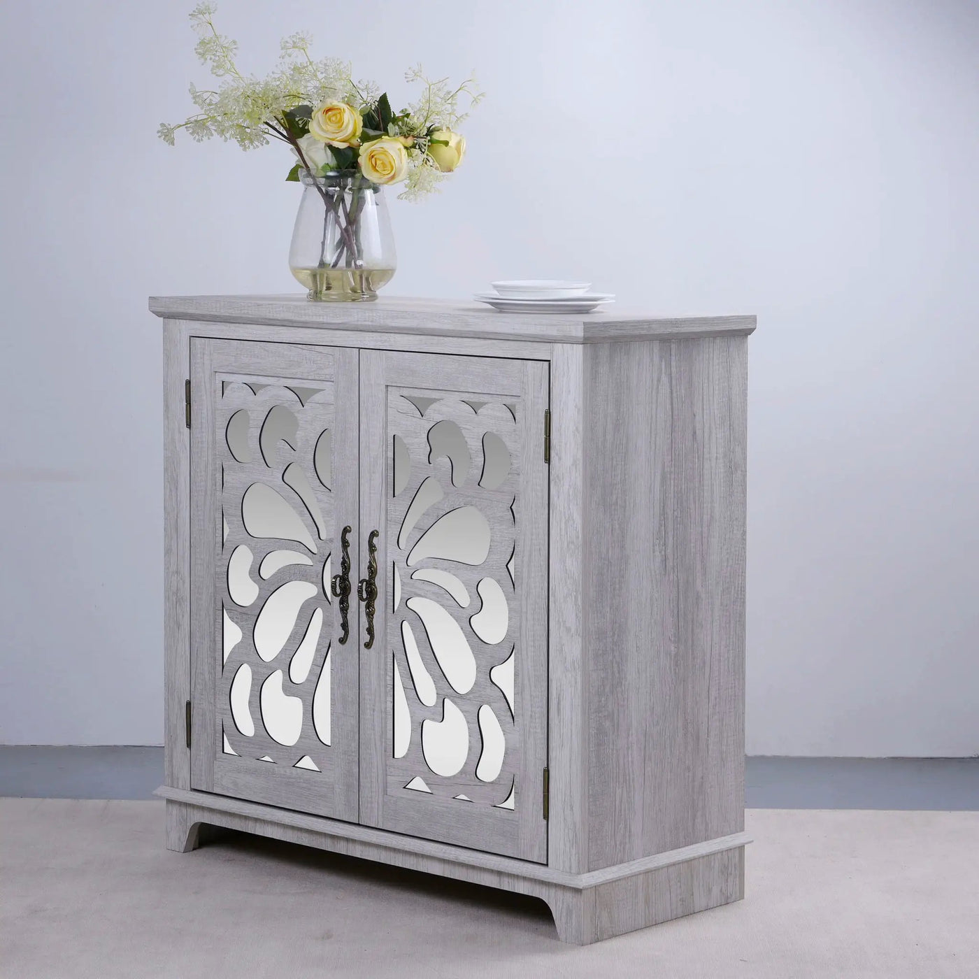 Elegant Sideboard With 2 Acrylic Mirrored Doors, Adjustable Shelf Storage by HouseOfZazla