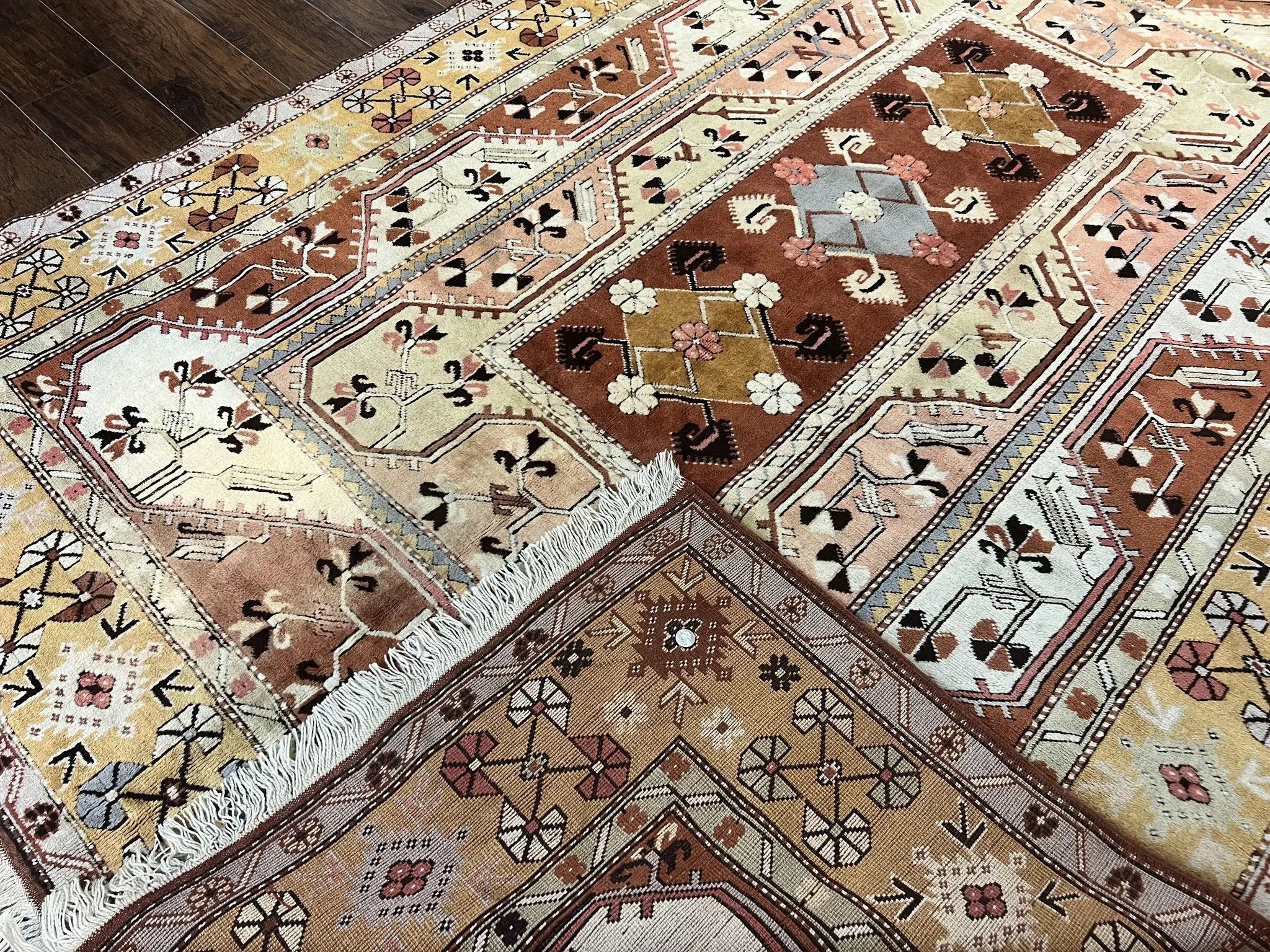 Turkish Rug 7x10, Wool Hand Knotted Vintage Carpet, Geometric Kazak Pattern by Jewel Rugs