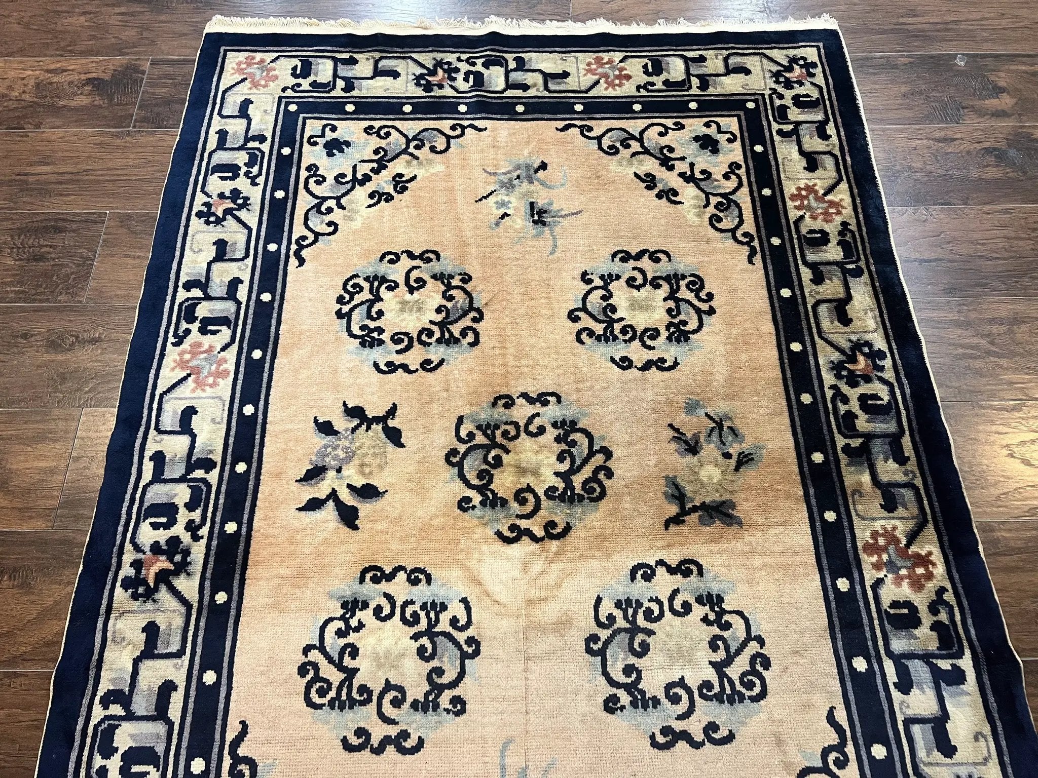 Chinese Peking Rug 4x6, Wool Hand Knotted Handmade Vintage Semi Antique Carpet, Semi Open Field, Light Peach & Navy Blue, Art Deco Rug by Jewel Rugs