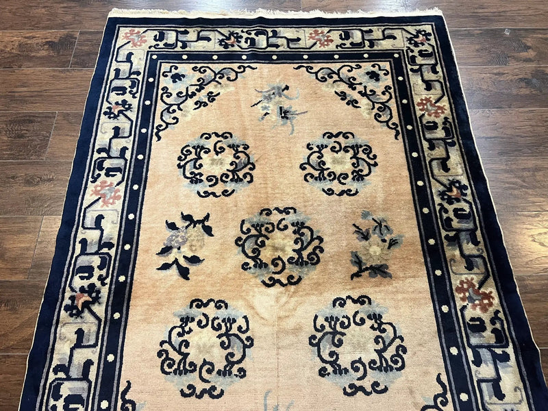 Chinese Peking Rug 4x6, Wool Hand Knotted Handmade Vintage Semi Antique Carpet, Semi Open Field, Light Peach & Navy Blue, Art Deco Rug by Jewel Rugs