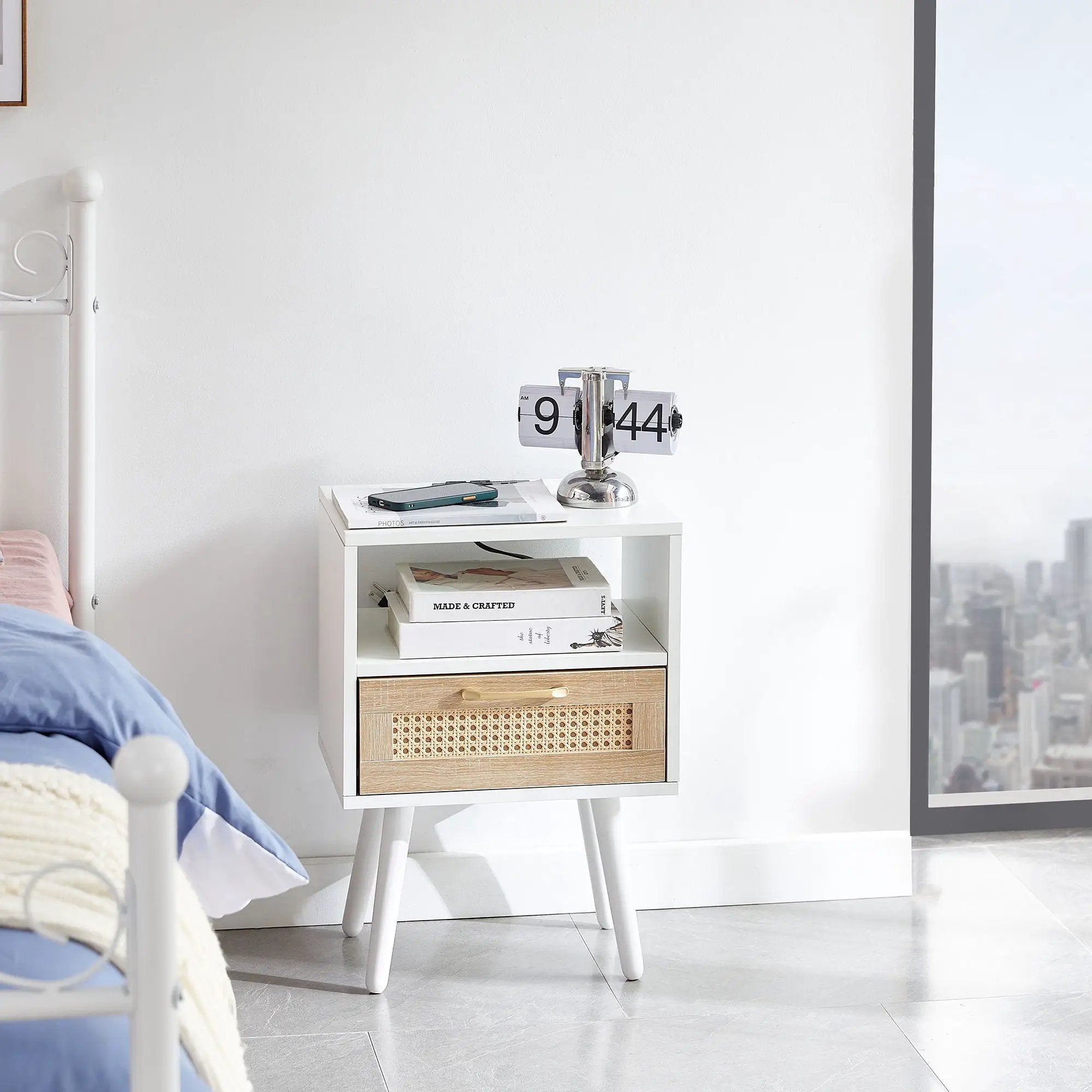 15.75" Rattan End Table With Power Outlet & USB Ports, Modern Nightstand With Drawer And Solid Wood Legs, Side Table For Living Room, Bedroom by Unique Piece Furniture