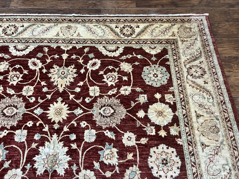 Peshawar Rug 9x11, Pakistani Oriental Carpet, Maroon and Beige, Floral Allover, Wool Hand Knotted Handmade Vintage Rug by Jewel Rugs