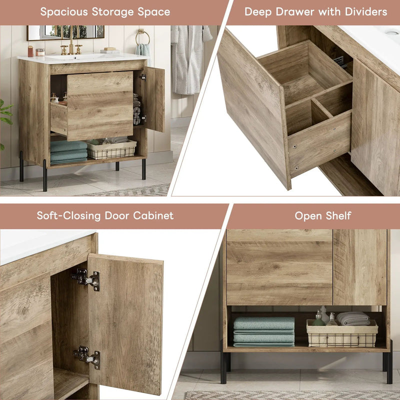 Bathroom Vanity Cabinet With Sink, Sliding Drawer, Soft Closing Door, Open Shelf - Natural Wood by Unique Piece Furniture