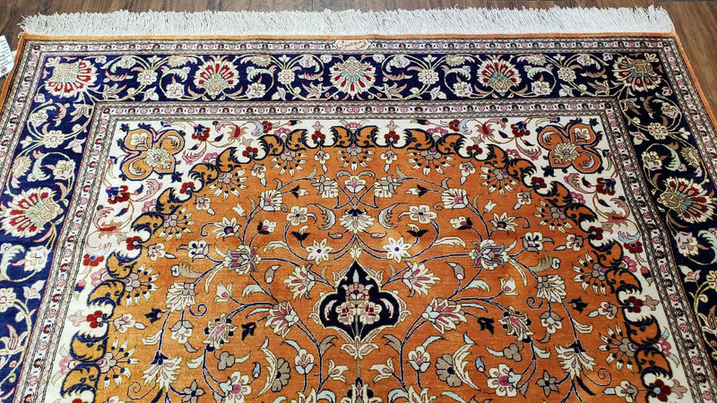 Vintage Persian Qum Silk Rug 4.6 x 6.7, Burnt Orange and Navy Blue, Antique Oriental Very Fine Signature Master Weaver 350+ KPSI Ghom Qom 5x7 Rug by Jewel Rugs