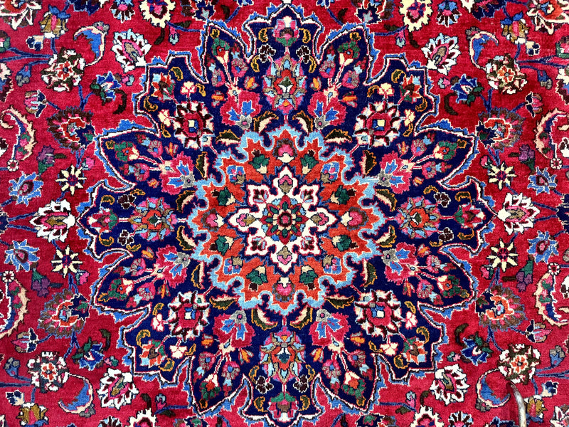 Antique Persian Mashad Rug 10x13, Red and Navy Blue, Great Colors, Signed By Masterweaver, Floral Medallion, Handmade Wool Persian Carpet by Jewel Rugs