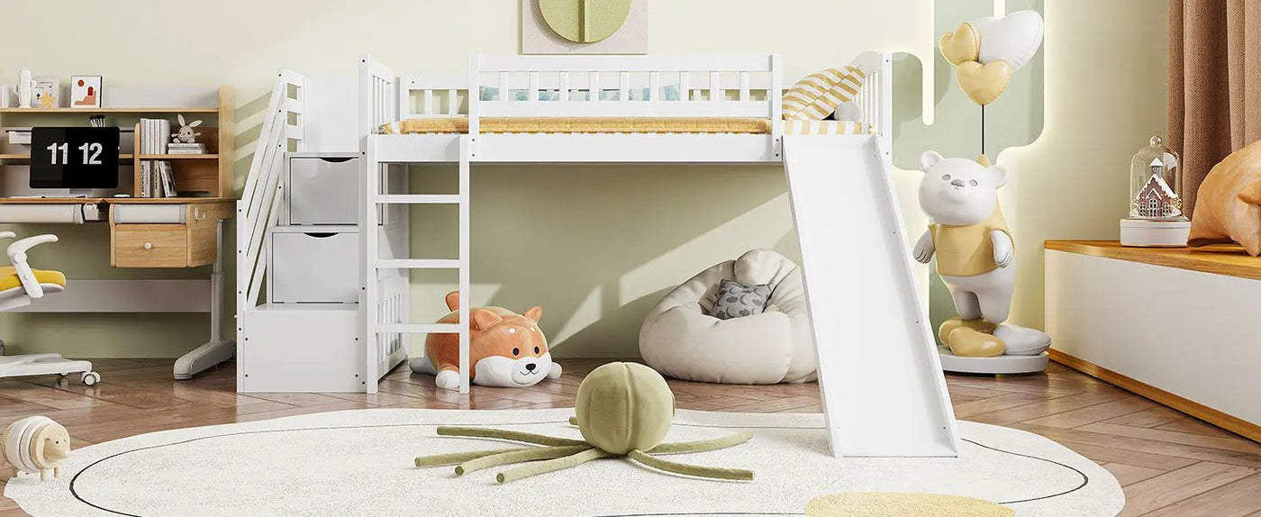 Loft Stairway Bed With 2 Drawers, Convertible Ladder And Slide by HouseOfZazla