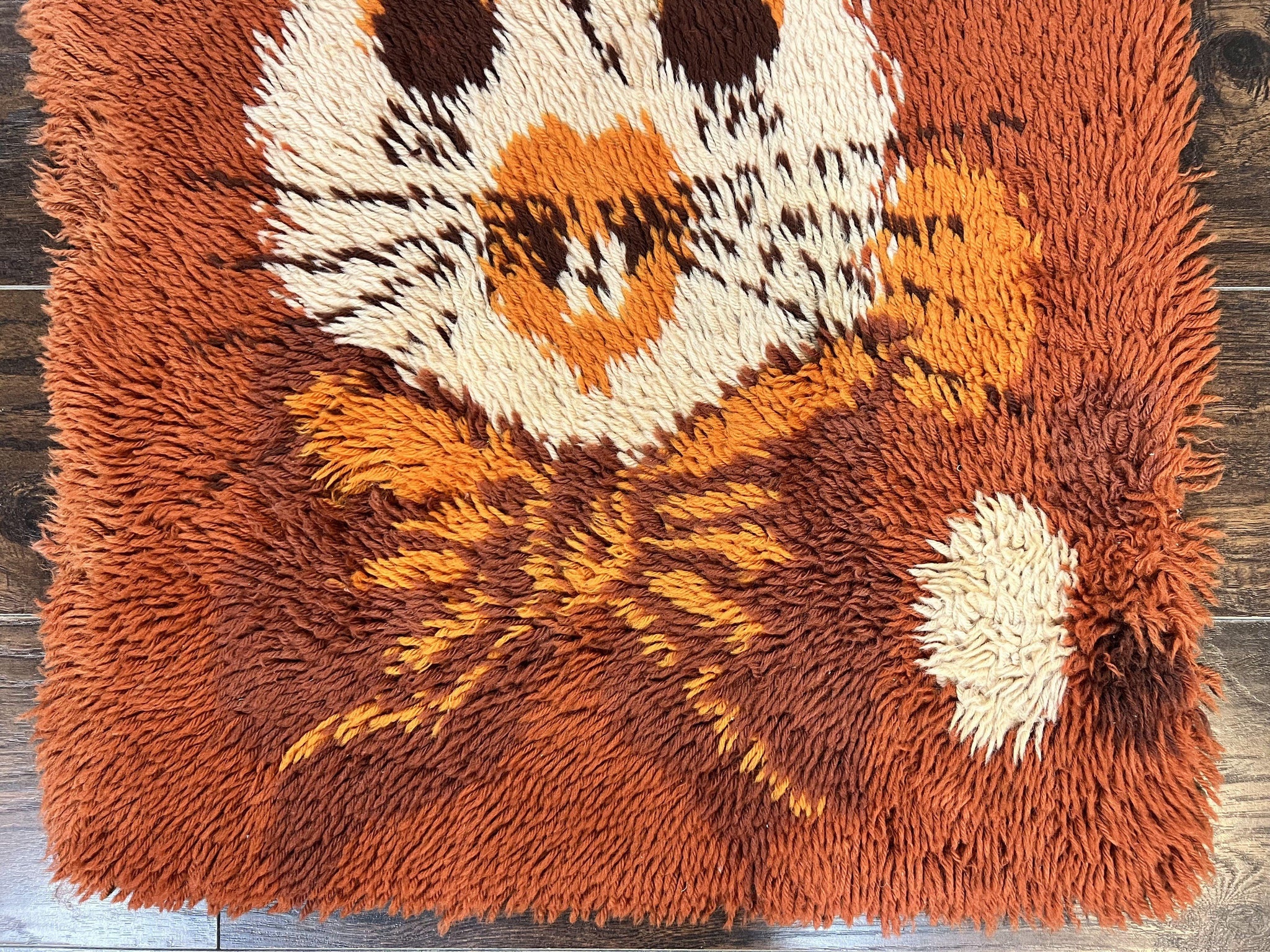 Rya Shag Rug 2x4, Rabbit in Top Hat, Wool, Orange, Vintage 1960s Danish Shag Rug by Jewel Rugs