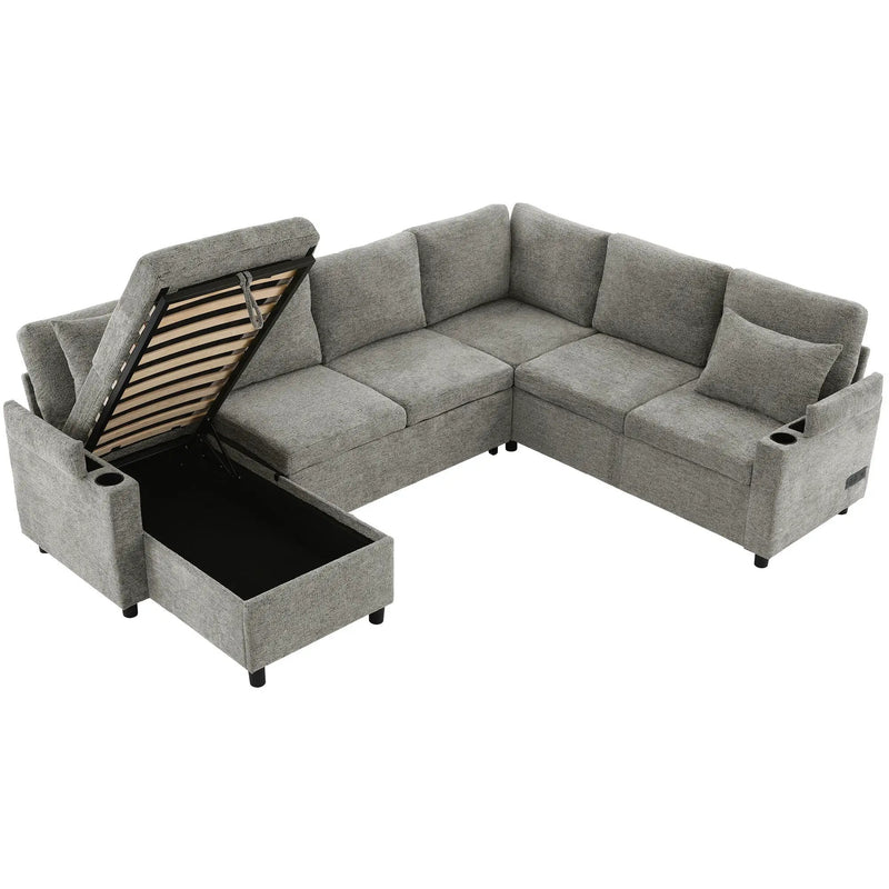 U-Shaped Sectional Sleeper Sofa With Ample Storage Space, 2 Cup Holders And Charging Ports For Living Room by HouseOfZazla
