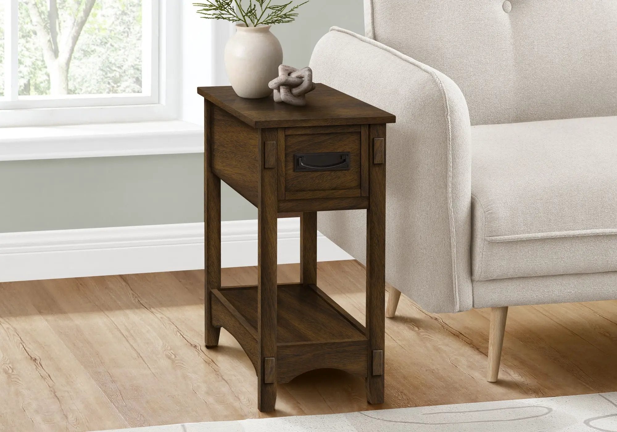 Accent End Table, 2 Tier, Narrow, Storage Drawer, Transitional - Walnut by HouseOfZazla