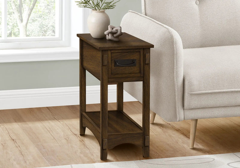 Accent End Table, 2 Tier, Narrow, Storage Drawer, Transitional - Walnut by HouseOfZazla
